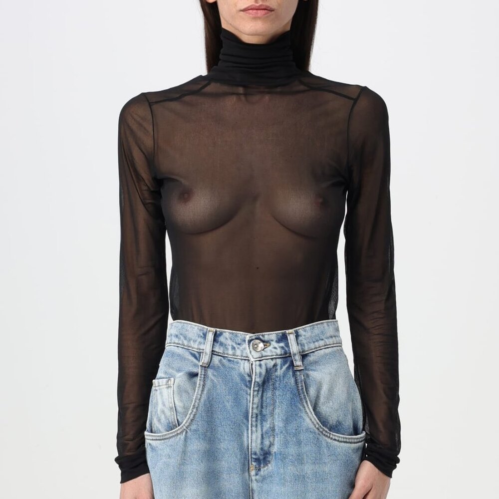 Maison Margiela Black Sheer Mesh Mock-Neck Bodysuit